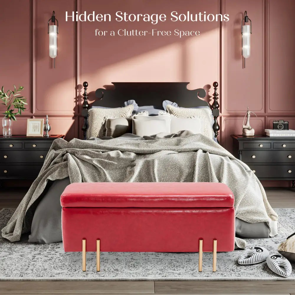 Storage Ottoman Stool Bench Seat 97cm PU Leather RED - Furniture > Bedroom