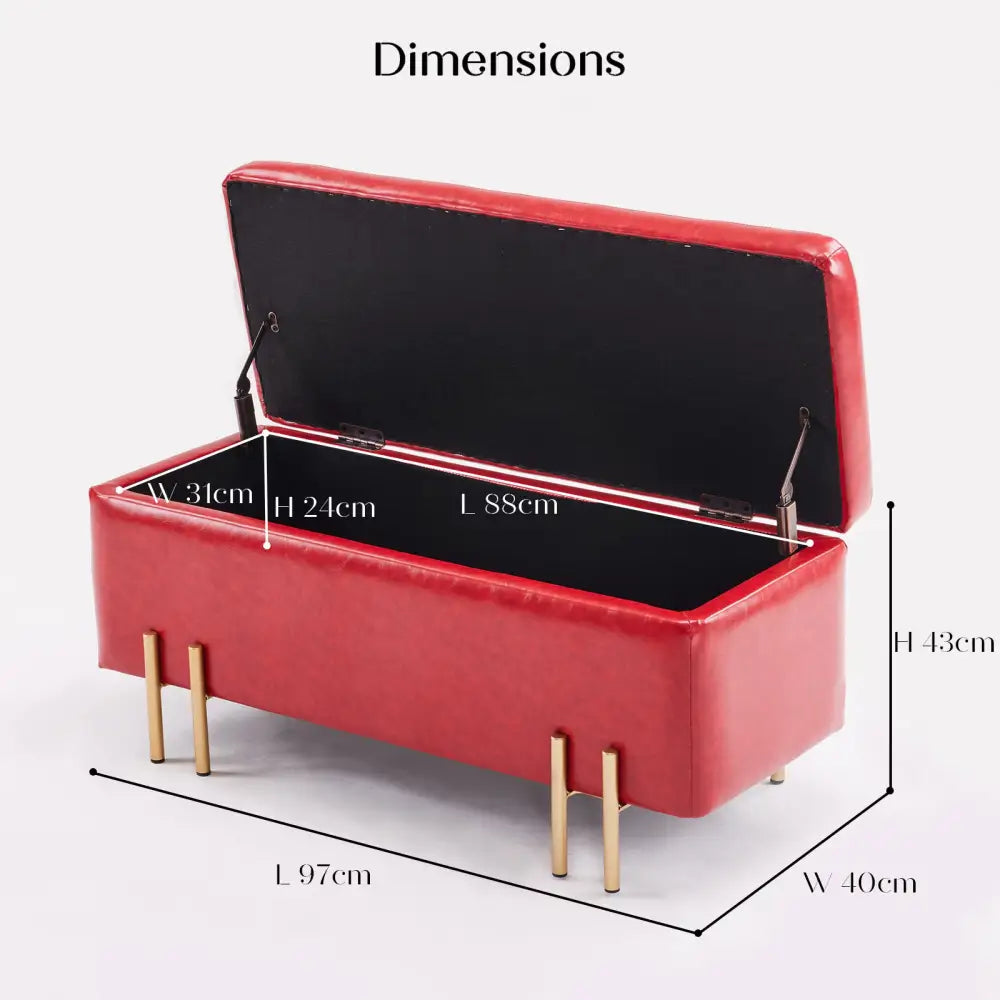 Storage Ottoman Stool Bench Seat 97cm PU Leather RED - Furniture > Bedroom