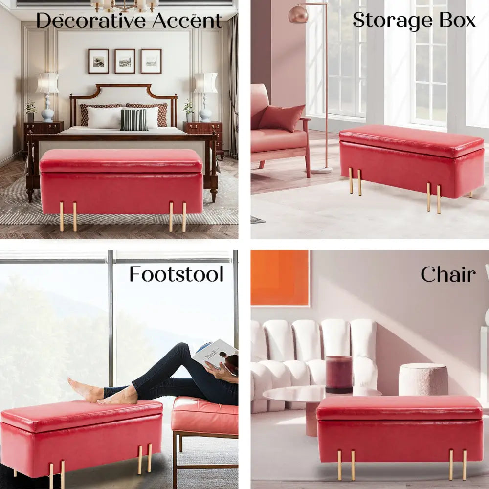 Storage Ottoman Stool Bench Seat 97cm PU Leather RED - Furniture > Bedroom