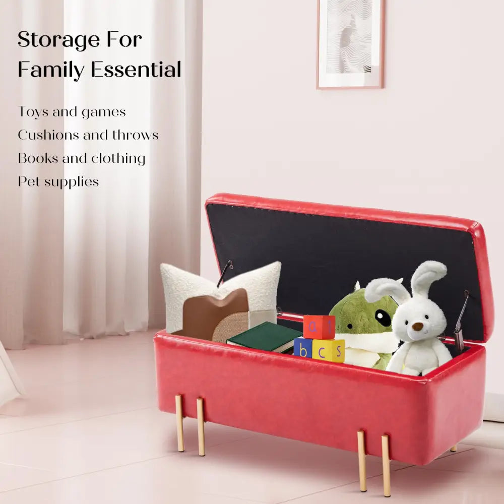 Storage Ottoman Stool Bench Seat 97cm PU Leather RED - Furniture > Bedroom