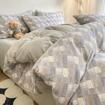 Striped Checkered Pattern Thick Brushed Cotton 4-Piece Bed Sheet Set (1.5m Bed) - Fits 200x230cm Duvet - Home & Garden