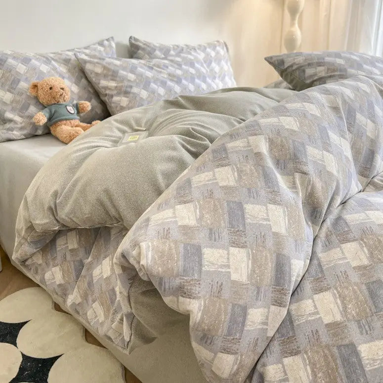 Striped Checkered Pattern Thick Brushed Cotton 4-Piece Bed Sheet Set (1.5m Bed) - Fits 200x230cm Duvet - Home & Garden