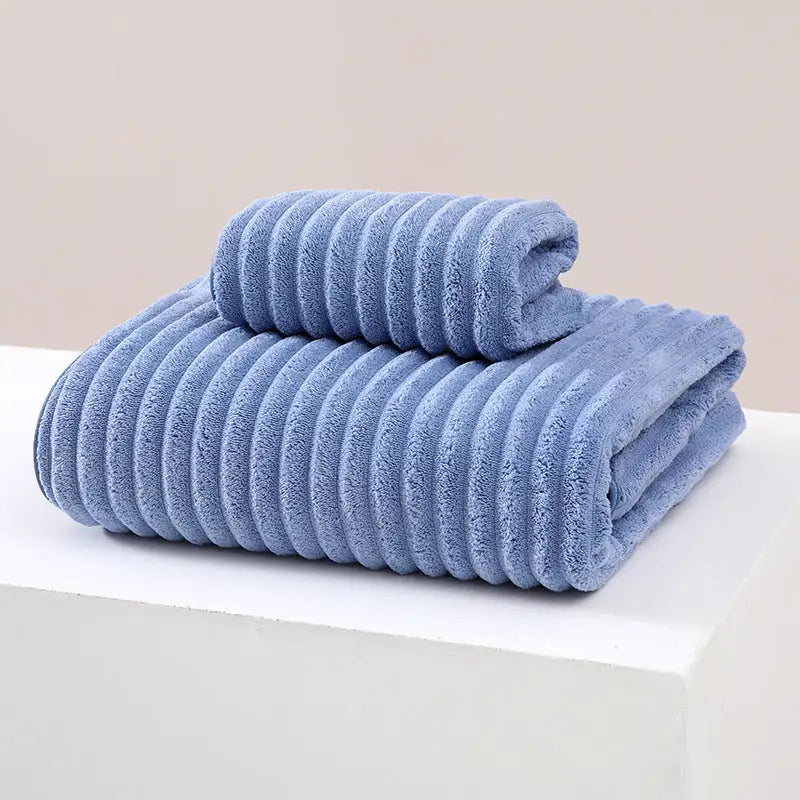 Striped Model Blue Luxury White Bath Towel and Hand Towel Set - Ultra Soft and Absorbent - Home & Garden > Bathroom