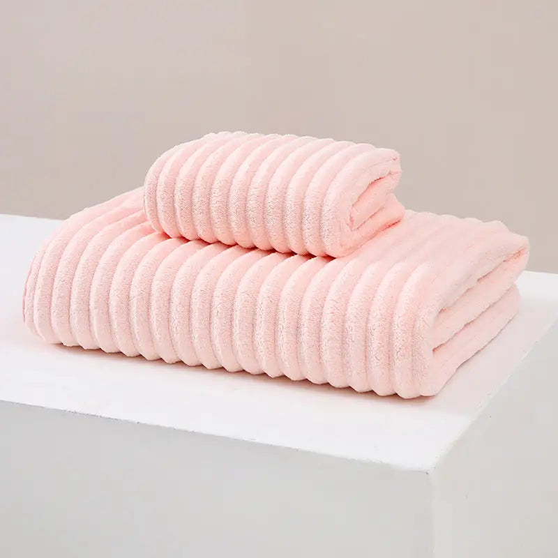 Striped Model Pink Luxury White Bath Towel and Hand Towel Set - Ultra Soft and Absorbent - Home & Garden > Bathroom
