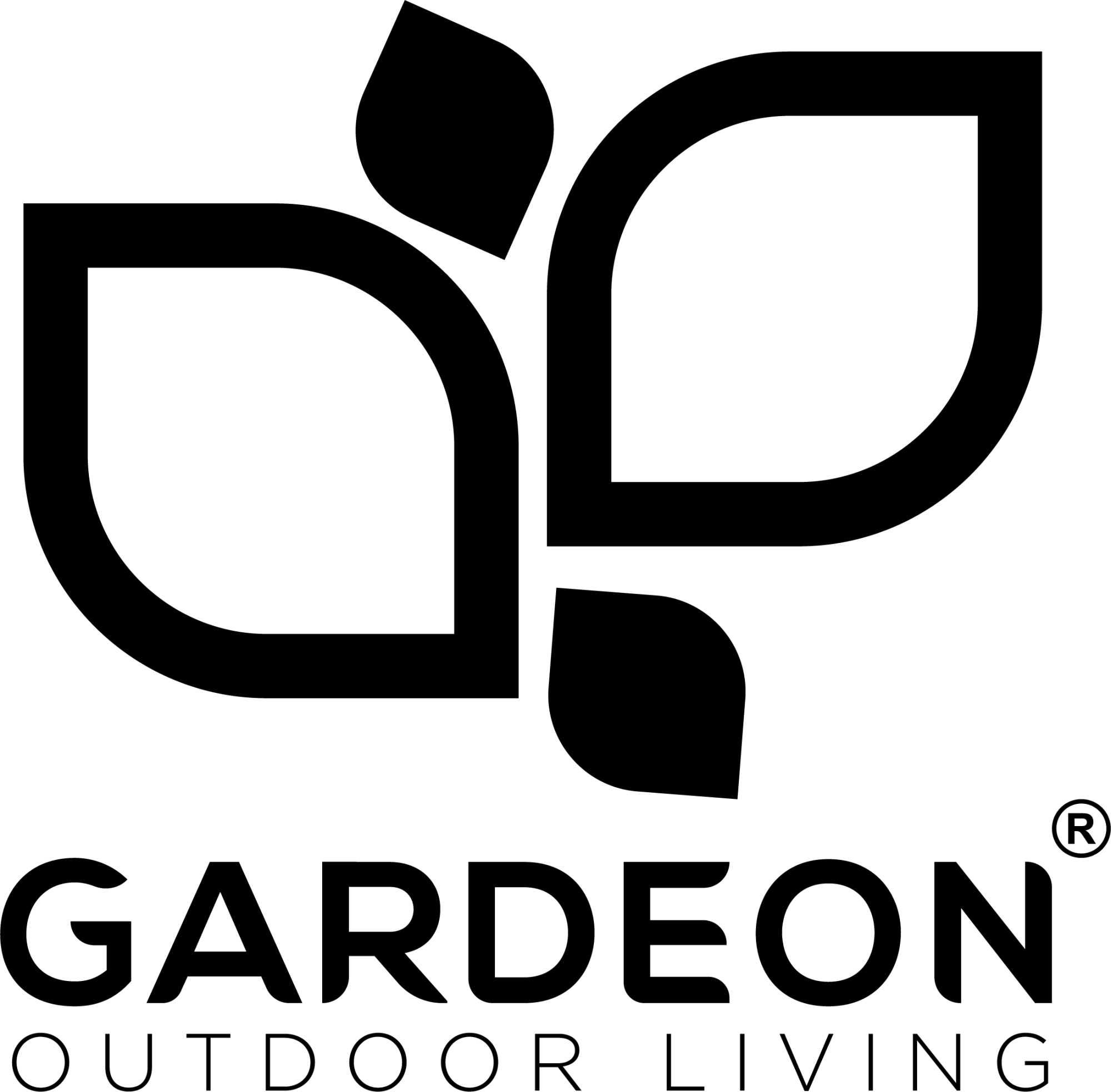 Stylized black leaf logo above the text ’GARDEON OUTDOOR LIVING’.