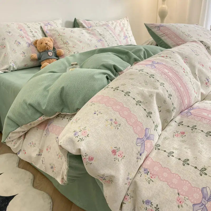 Sugar Bunny Girl Thick Brushed Cotton 4-Piece Bed Sheet Set (1.5m Bed) - Fits 200x230cm Duvet - Home & Garden > Bedding