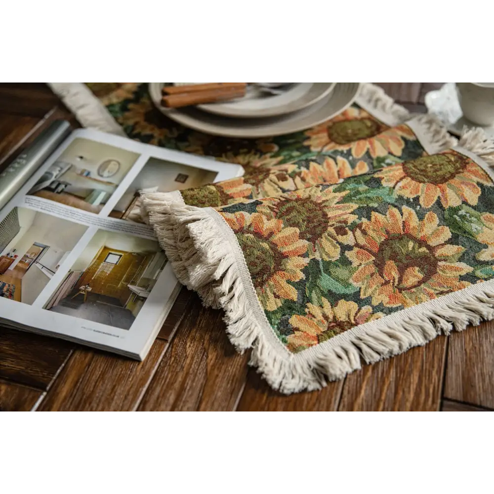 Sunflower Table Runner with Fringe - Jacquard Woven Cotton Blend (30x220cm) - Home & Garden > Decor > Vases & Table