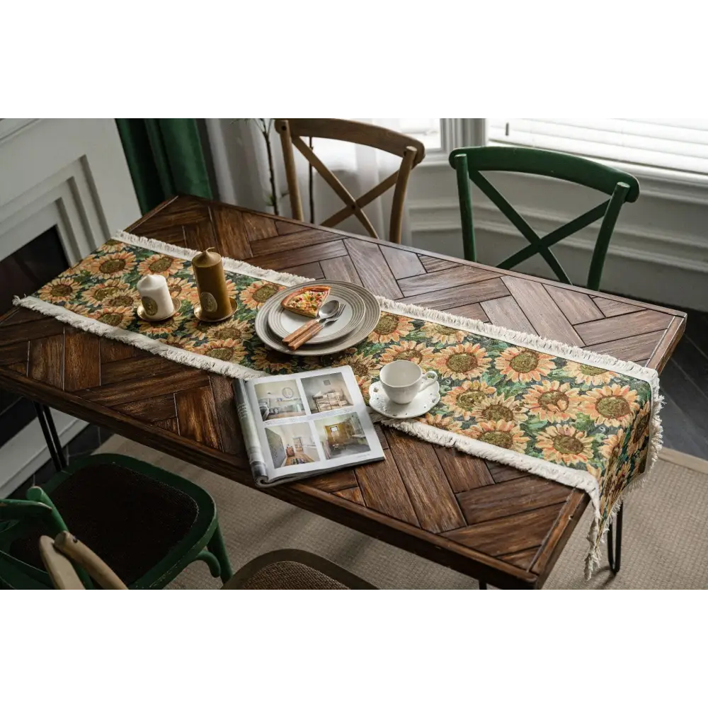 Sunflower Table Runner with Fringe - Jacquard Woven Cotton Blend (30x275cm) - Home & Garden > Decor > Vases & Table