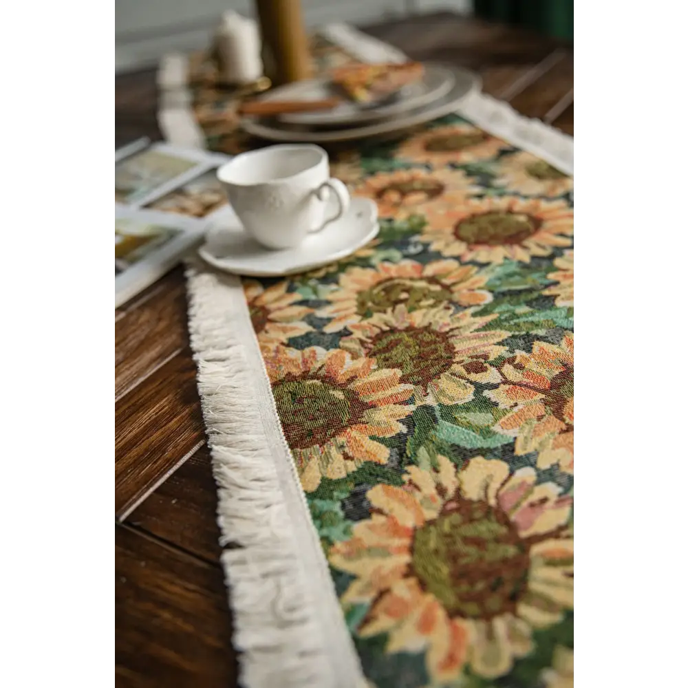Sunflower Table Runner with Fringe - Jacquard Woven Cotton Blend (30x200cm) - Home & Garden > Decor > Vases & Table