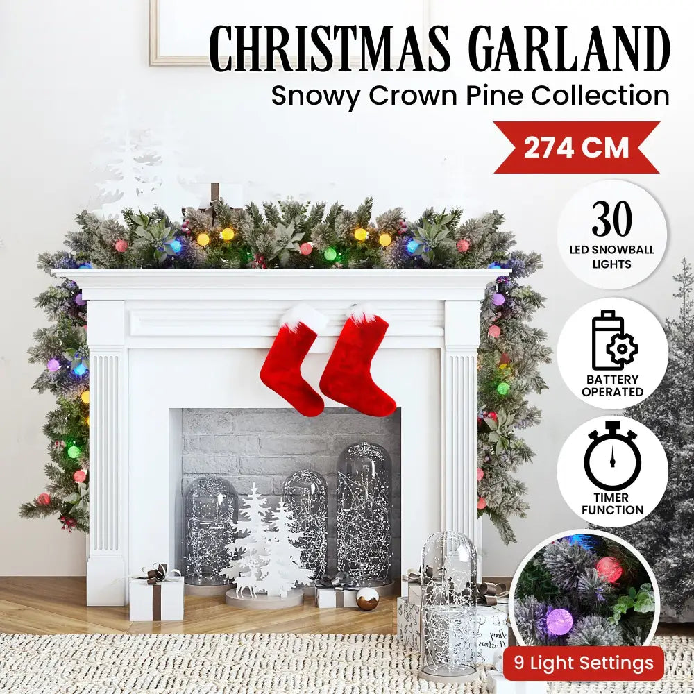 Swishmas 274cm Snowy Crown Pine Pre-Lit Multicolour Christmas Garland - Occasions > Christmas > Christmas Wreaths &