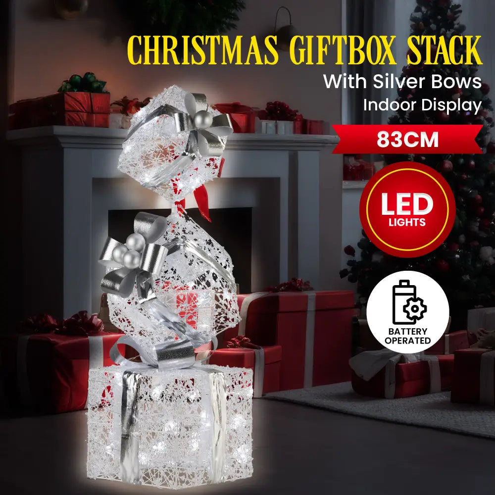 Swishmas 83cm Triple Christmas Silver Giftbox Stack Display with Lights - Occasions > Christmas > Christmas Decorations