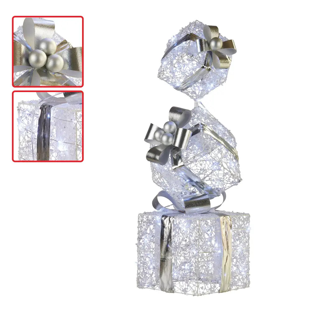Swishmas 83cm Triple Christmas Silver Giftbox Stack Display with Lights - Occasions > Christmas > Christmas Decorations