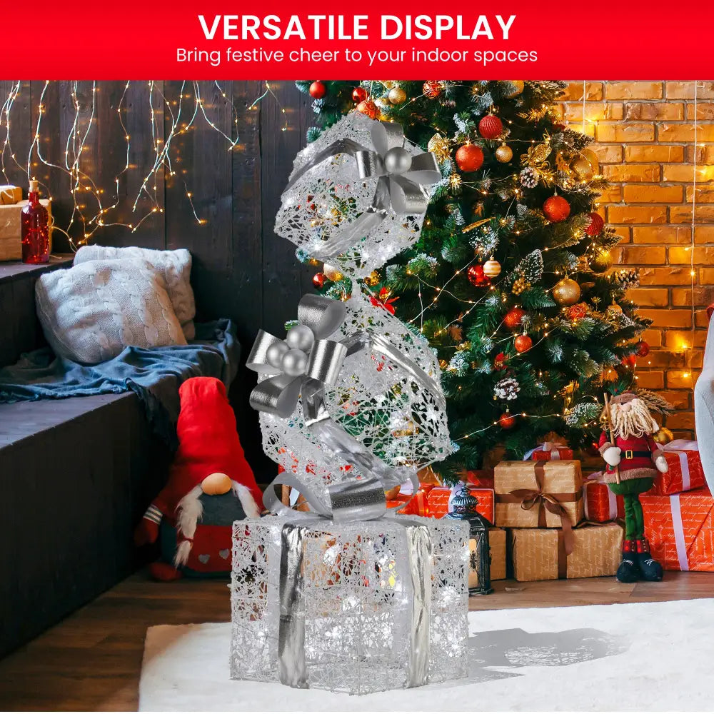 Swishmas 83cm Triple Christmas Silver Giftbox Stack Display with Lights - Occasions > Christmas > Christmas Decorations
