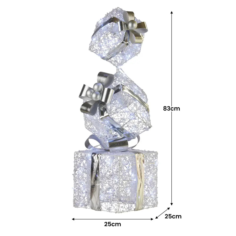 Swishmas 83cm Triple Christmas Silver Giftbox Stack Display with Lights - Occasions > Christmas > Christmas Decorations