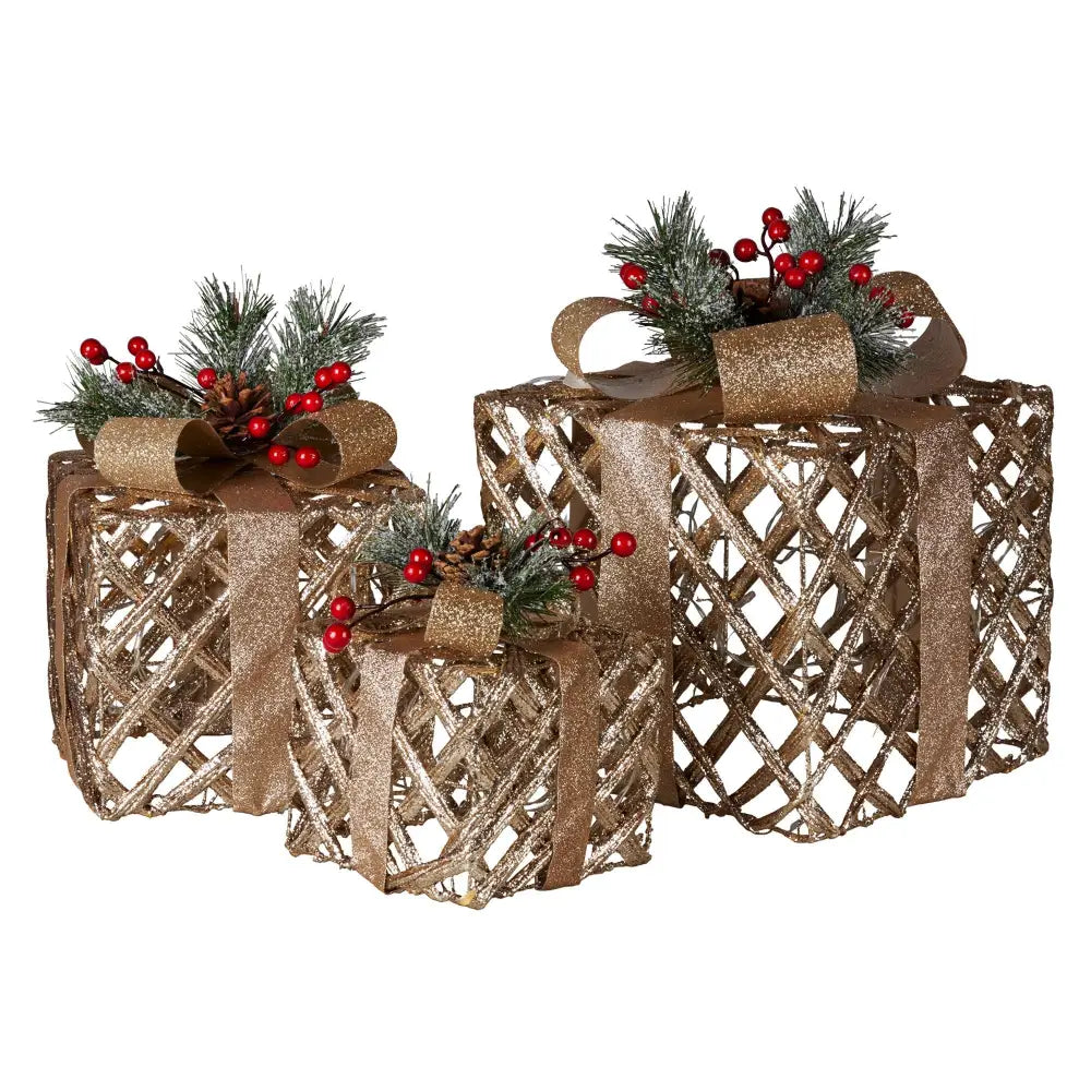 Swishmas Set of 3 Christmas Gift Boxes Display With Lights in Champagne and Gold - Occasions > Christmas > Christmas