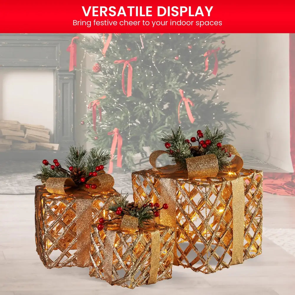 Swishmas Set of 3 Christmas Gift Boxes Display With Lights in Champagne and Gold - Occasions > Christmas > Christmas