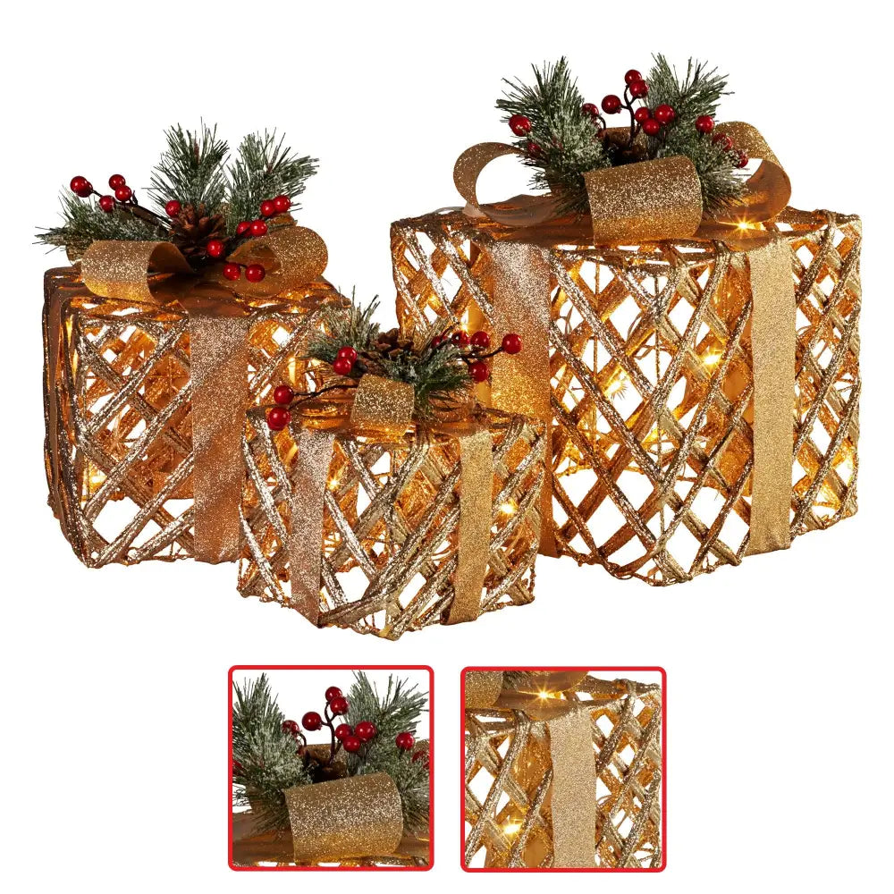 Swishmas Set of 3 Christmas Gift Boxes Display With Lights in Champagne and Gold - Occasions > Christmas > Christmas