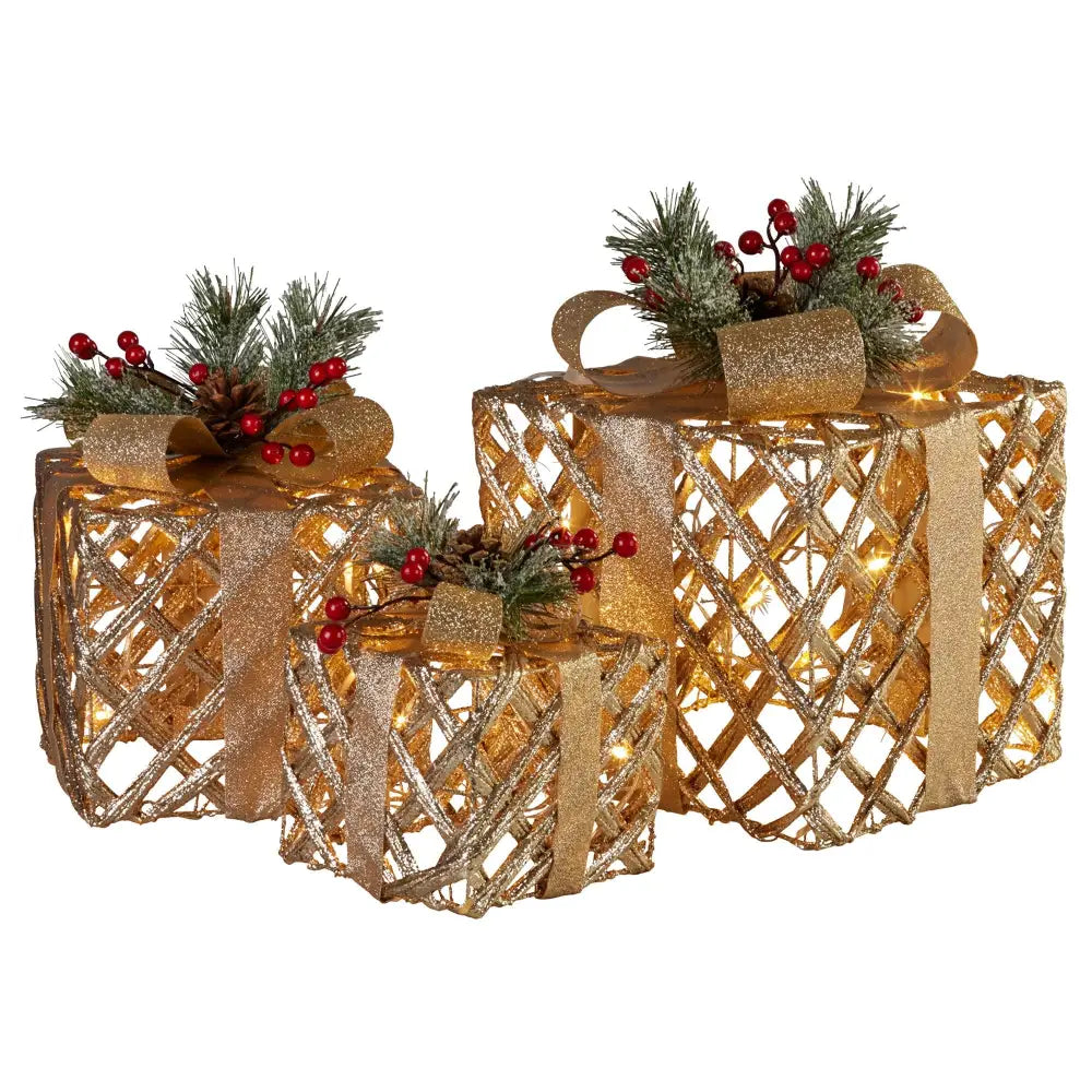 Swishmas Set of 3 Christmas Gift Boxes Display With Lights in Champagne and Gold - Occasions > Christmas > Christmas