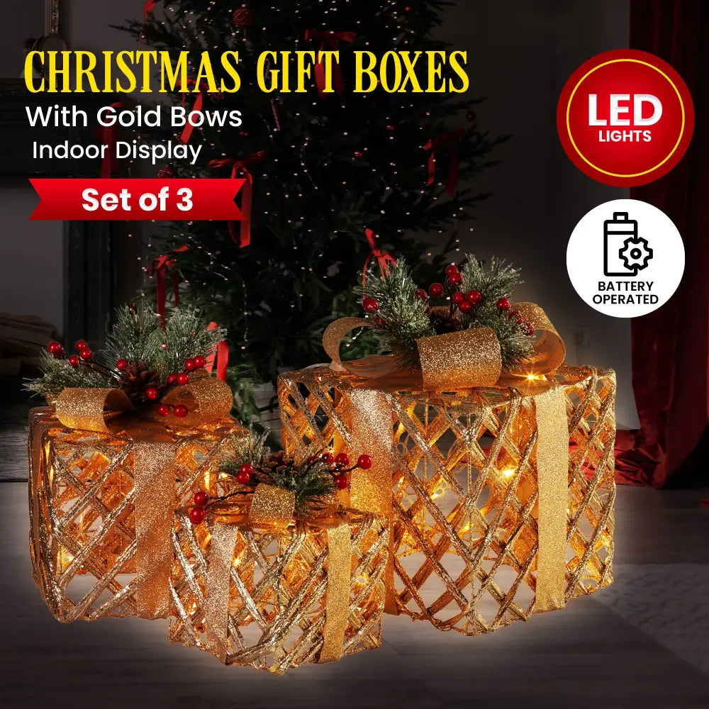 Swishmas Set of 3 Christmas Gift Boxes Display With Lights in Champagne and Gold - Occasions > Christmas > Christmas