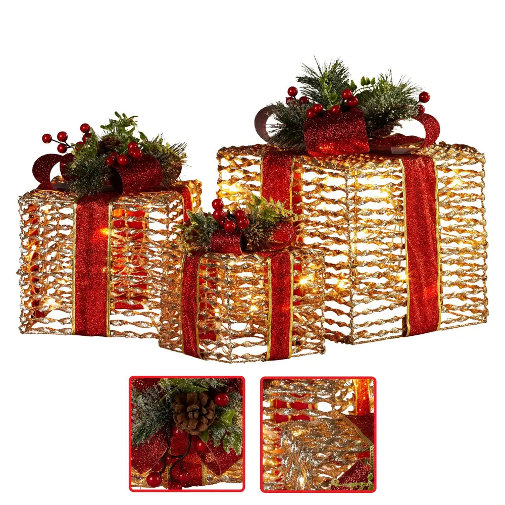 Swishmas Set Of 3 Christmas Gift Boxes With Lights - Champagne With Red Bows - Occasions > Christmas > Christmas