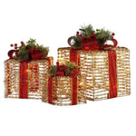 Swishmas Set Of 3 Christmas Gift Boxes With Lights - Champagne With Red Bows - Occasions > Christmas > Christmas