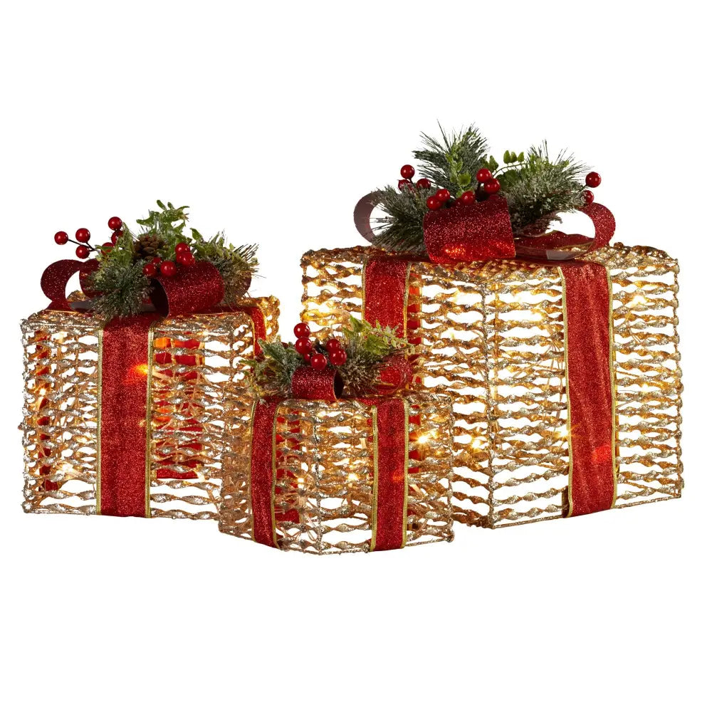 Swishmas Set Of 3 Christmas Gift Boxes With Lights - Champagne With Red Bows - Occasions > Christmas > Christmas