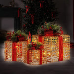 Swishmas Set Of 3 Christmas Gift Boxes With Lights - Champagne With Red Bows - Occasions > Christmas > Christmas