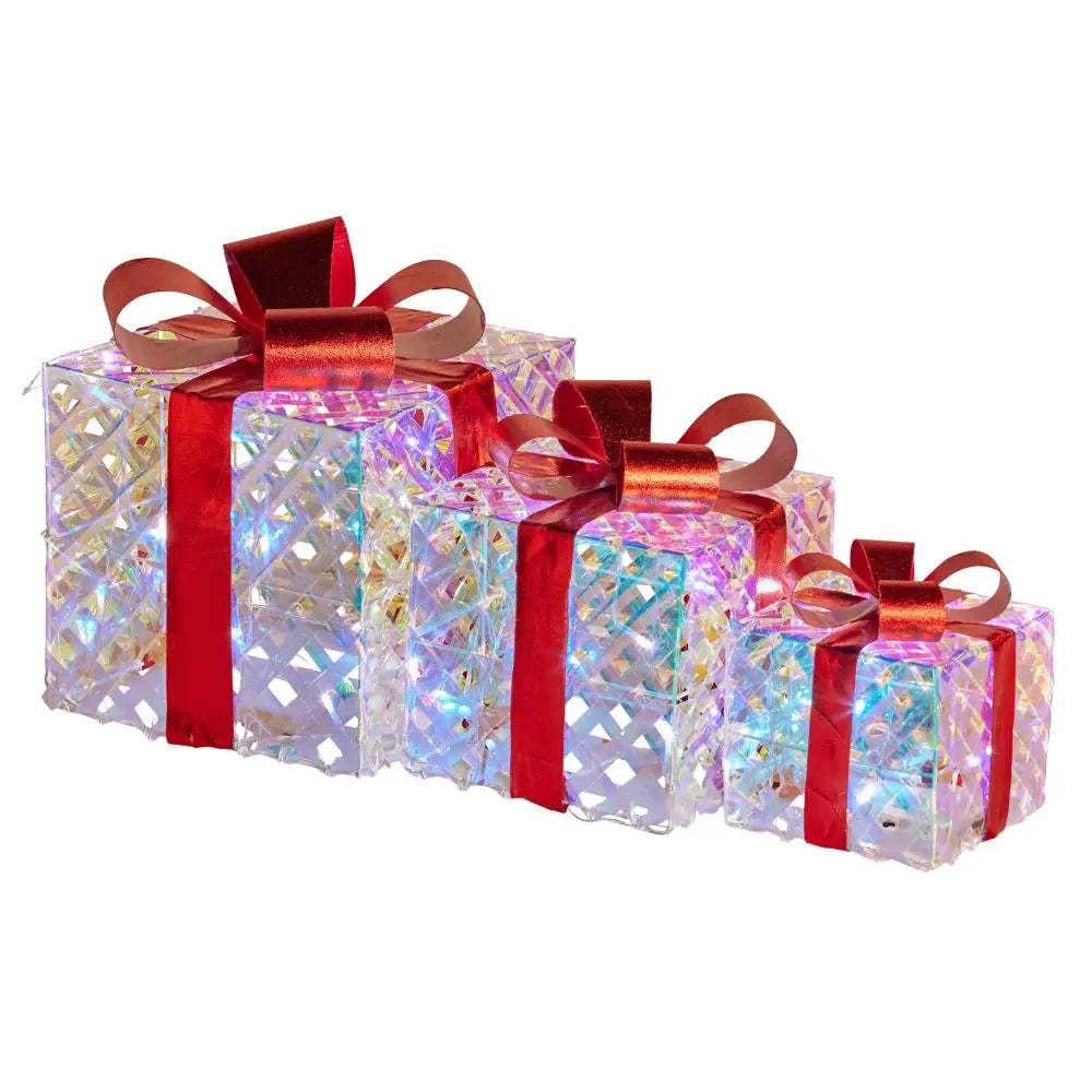 Swishmas Set of 3 Christmas Gift Boxes With Lights - Clear Shimmer With Red Bows - Occasions > Christmas > Christmas