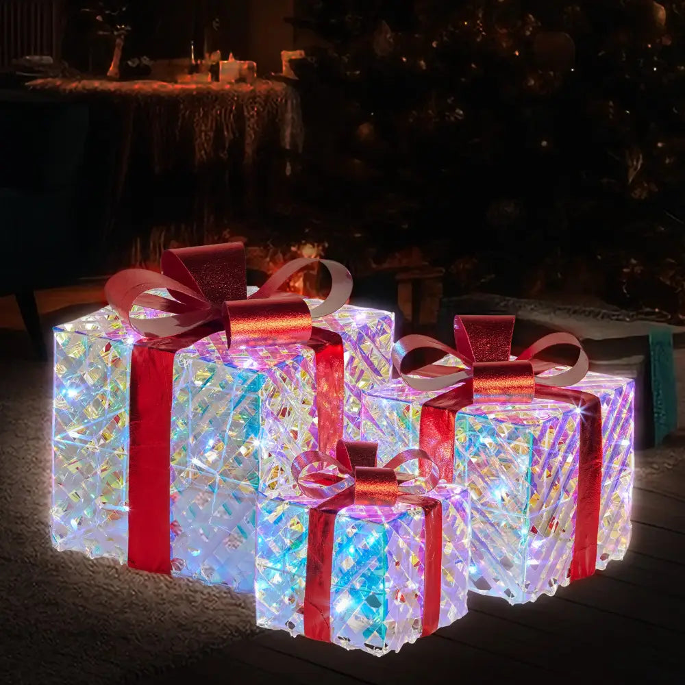 Swishmas Set of 3 Christmas Gift Boxes With Lights - Clear Shimmer With Red Bows - Occasions > Christmas > Christmas