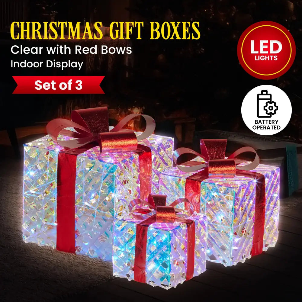 Swishmas Set of 3 Christmas Gift Boxes With Lights - Clear Shimmer With Red Bows - Occasions > Christmas > Christmas