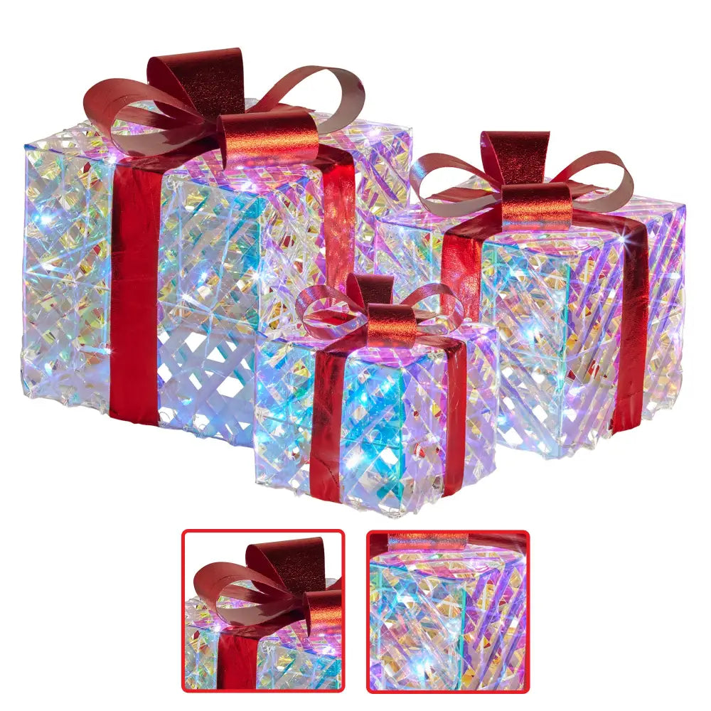 Swishmas Set of 3 Christmas Gift Boxes With Lights - Clear Shimmer With Red Bows - Occasions > Christmas > Christmas
