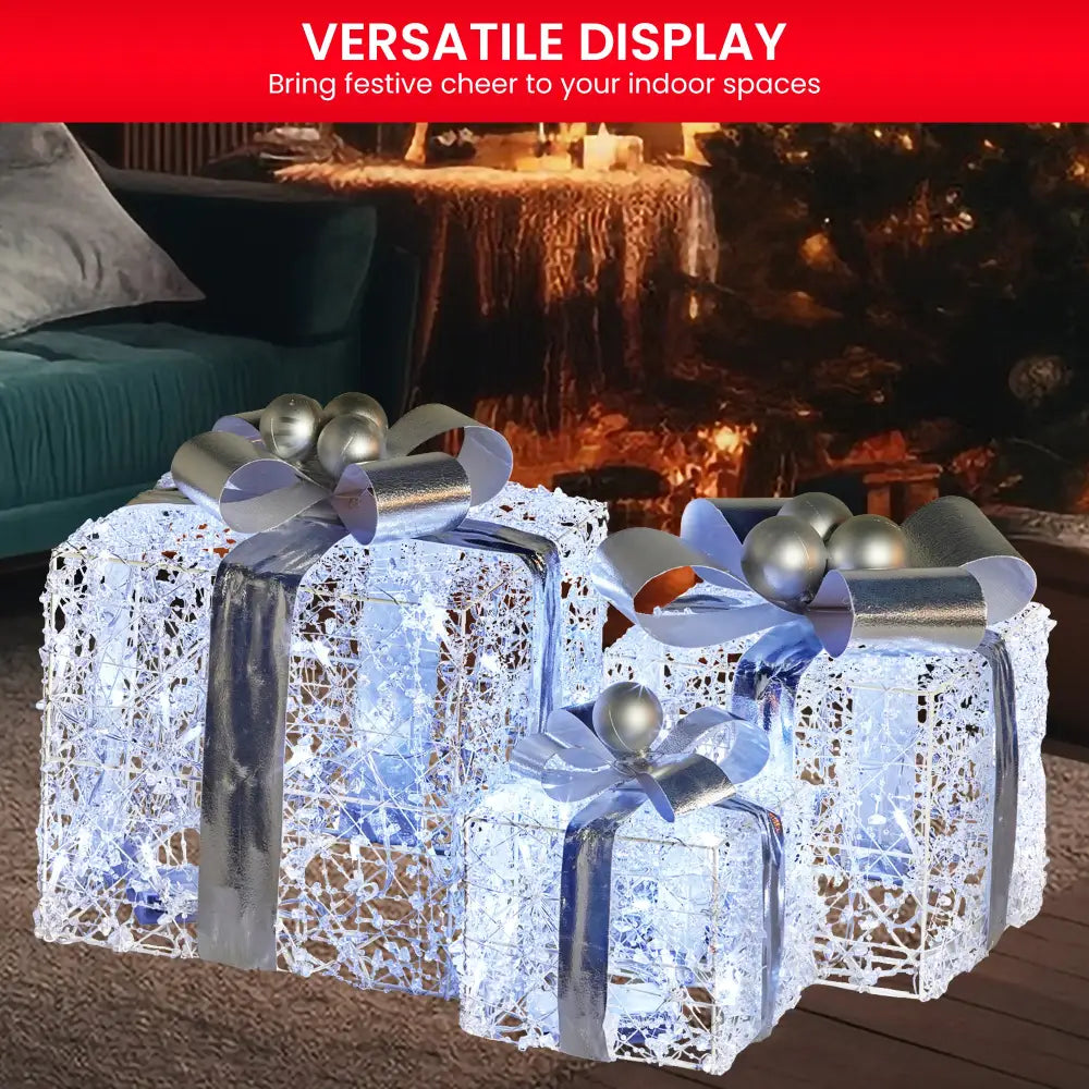 Swishmas Set Of 3 Christmas Gift Boxes With Lights With Jewelled Wire And Silver Bows - Occasions > Christmas >