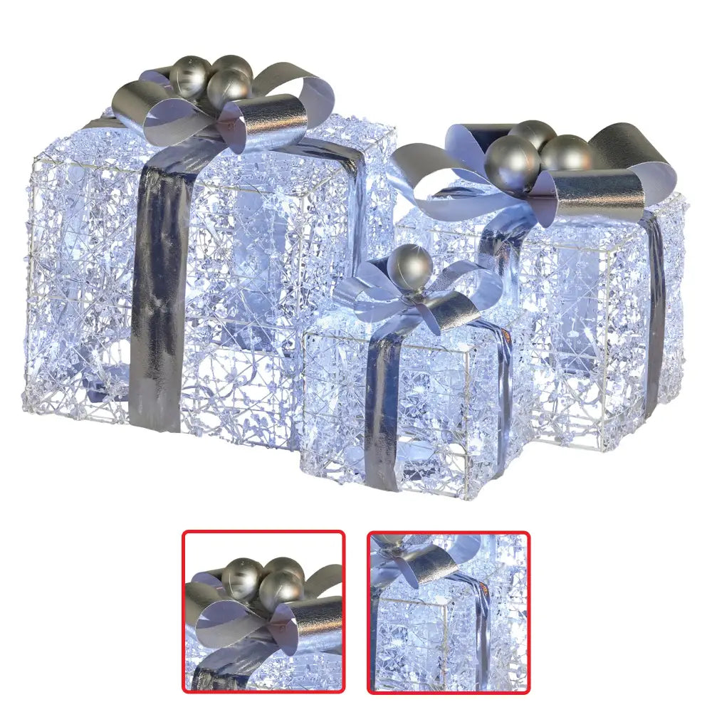 Swishmas Set Of 3 Christmas Gift Boxes With Lights With Jewelled Wire And Silver Bows - Occasions > Christmas >