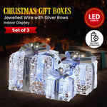 Swishmas Set Of 3 Christmas Gift Boxes With Lights With Jewelled Wire And Silver Bows - Occasions > Christmas >