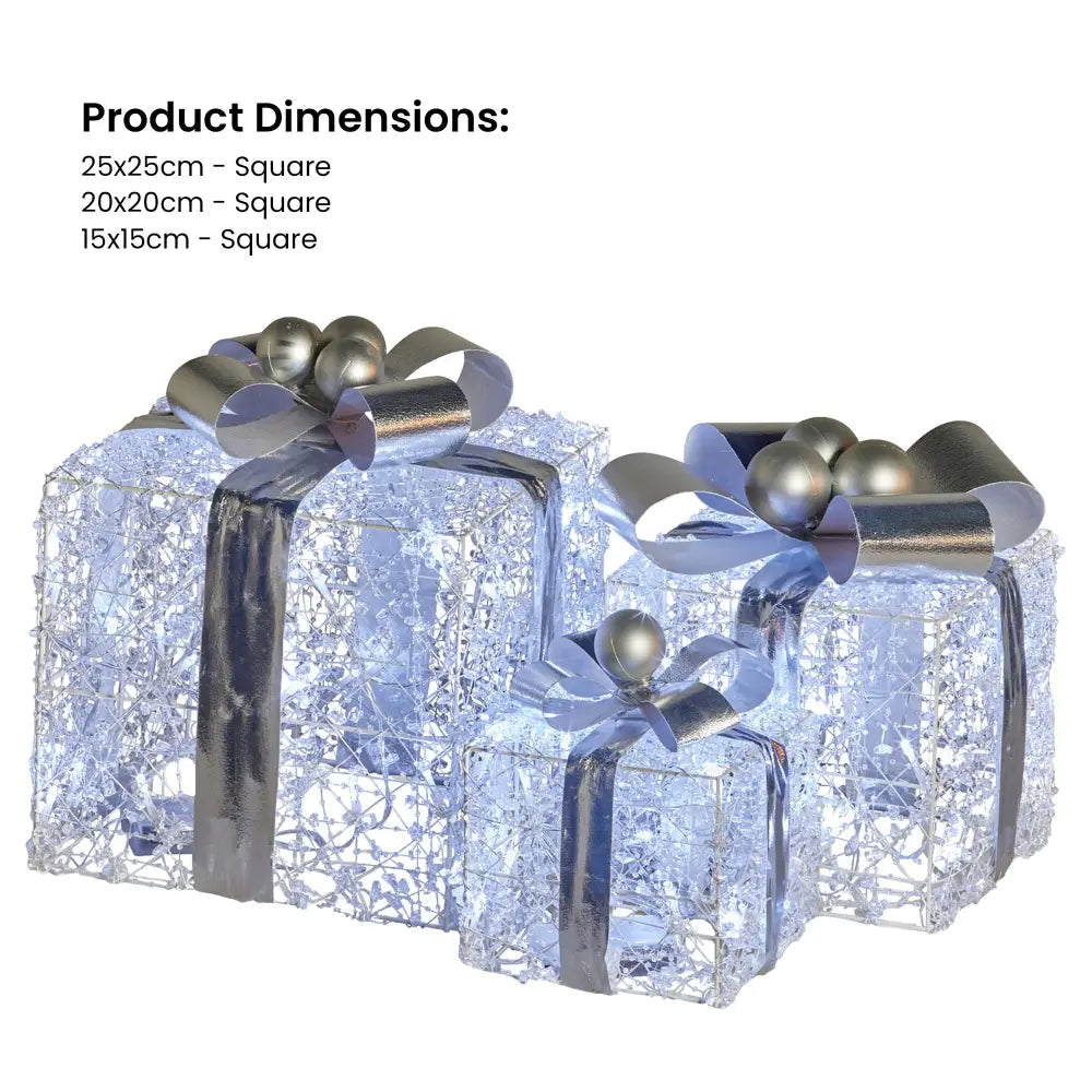 Swishmas Set Of 3 Christmas Gift Boxes With Lights With Jewelled Wire And Silver Bows - Occasions > Christmas >