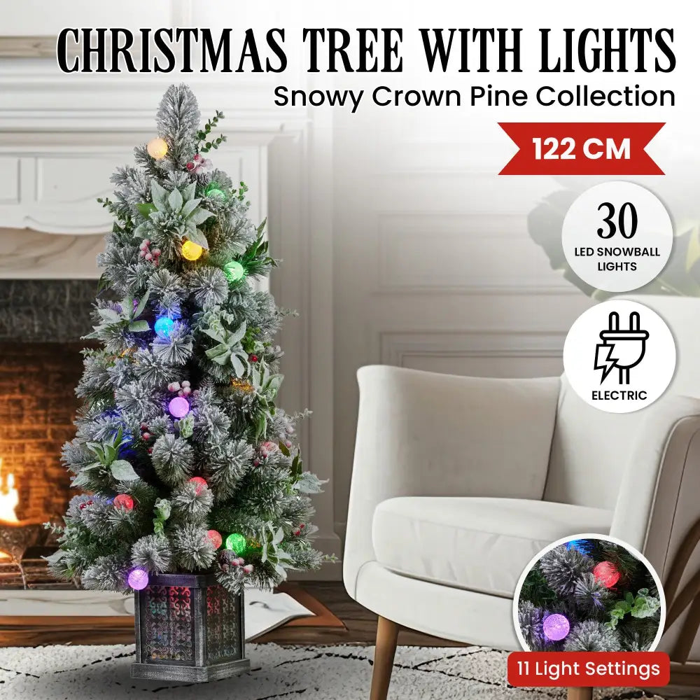 Swishmas Snowy Crown Pine Potted Christmas Tree 1.2m Multicolour Pre-Lit with Snowball Lights - Occasions > Christmas >