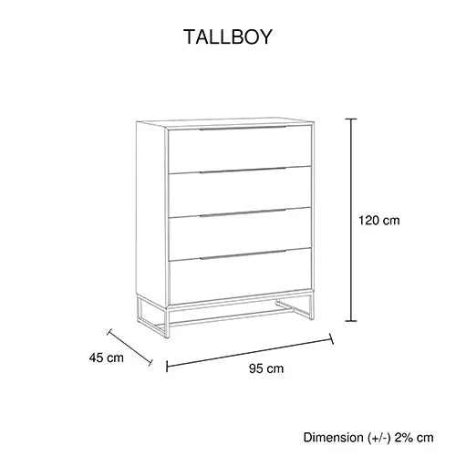 Tallboy with 4 Storage Drawers Assembled Solid Acacia Wooden Construction in Tea Colour - Furniture > Living Room