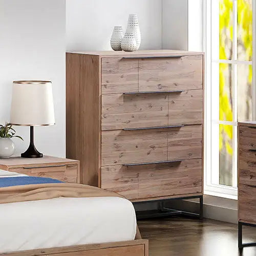 Tallboy with 4 Storage Drawers Assembled Solid Acacia Wooden Construction in Tea Colour - Furniture > Living Room