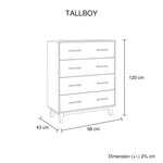 Tallboy with 4 Storage Drawers in Wooden Light Brown Colour - Furniture > Bedroom