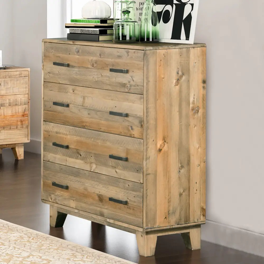 Tallboy with 4 Storage Drawers in Wooden Light Brown Colour - Furniture > Bedroom