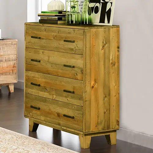 Tallboy with 4 Storage Drawers in Wooden Light Brown Colour - Furniture > Bedroom