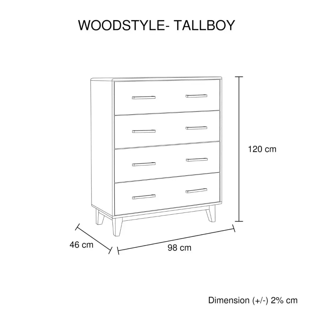 Tallboy with 4 Storage Drawers in Wooden Light Brown Colour - Furniture > Bedroom