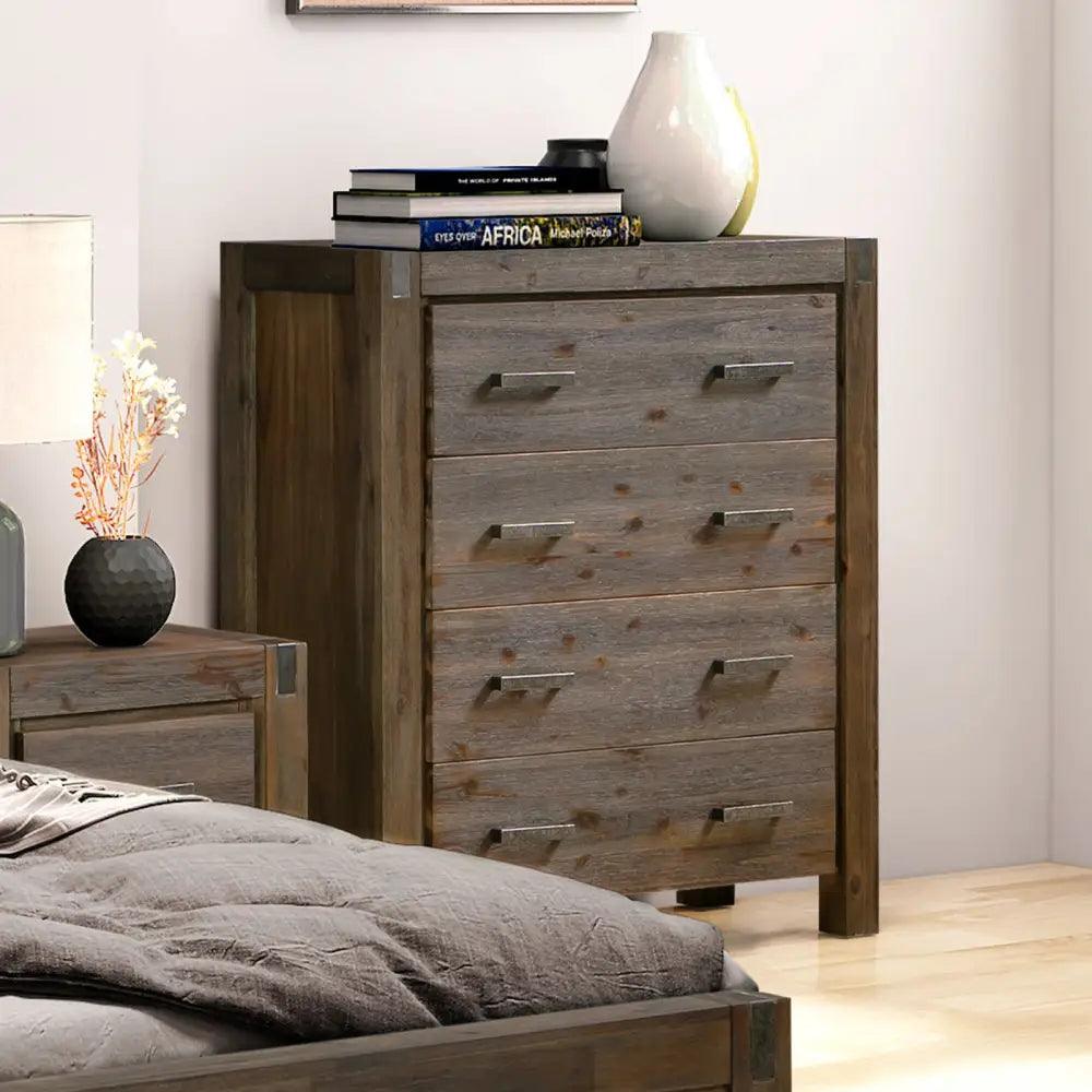 Tallboy with 4 Storage Drawers Solid Wooden Assembled in Chocolate Colour - Furniture > Living Room