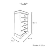 Tallboy with 5 Storage Drawers in Solid Wooden Metal Handles Grey Colour - Furniture > Bedroom > Dressing Vanity &