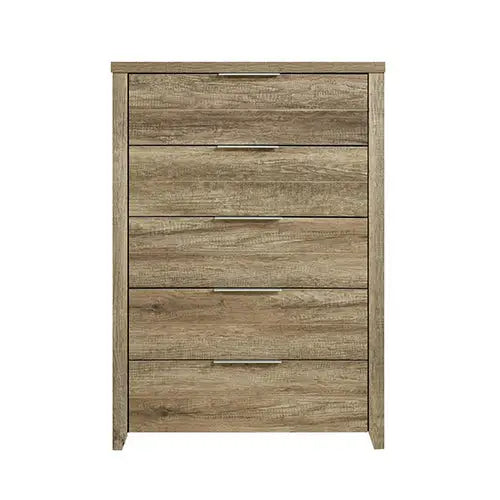 Tallboy with 5 Storage Drawers Natural Wood like MDF in Oak Colour - Furniture > Bedroom