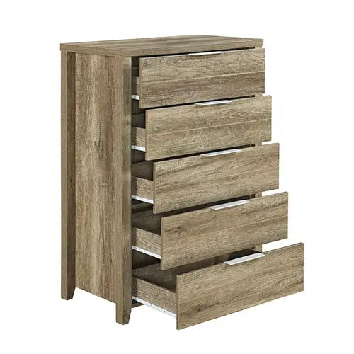 Tallboy with 5 Storage Drawers Natural Wood like MDF in Oak Colour - Furniture > Bedroom
