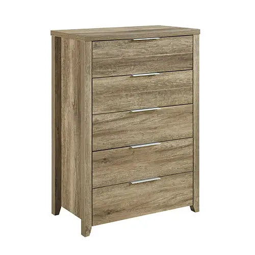 Tallboy with 5 Storage Drawers Natural Wood like MDF in Oak Colour - Furniture > Bedroom