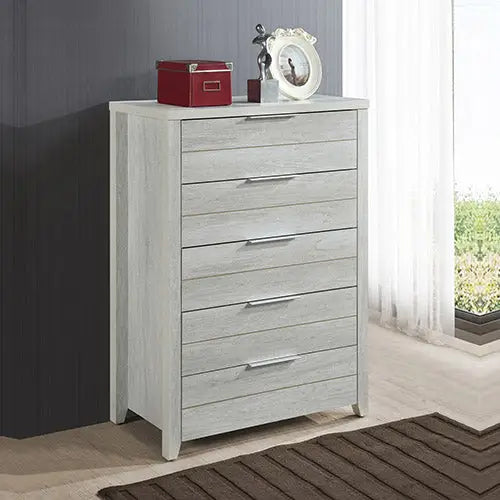 Tallboy with 5 Storage Drawers Natural Wood like MDF in White Ash Colour - Furniture > Living Room
