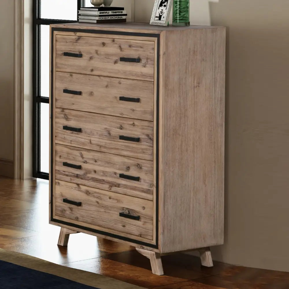 Tallboy with 5 Storage Drawers Solid Acacia Wooden Frame in Silver Brush Colour - Furniture > Living Room