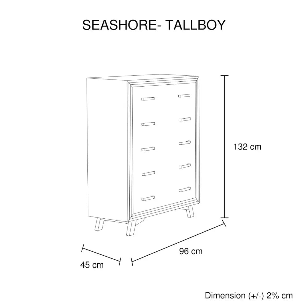 Tallboy with 5 Storage Drawers Solid Acacia Wooden Frame in Silver Brush Colour - Furniture > Living Room
